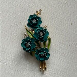 Crown Trifari Floral Brooch with Teal and Gold Accents